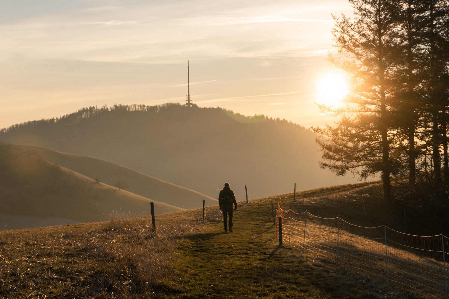 Kaiserstuhl Königstour Wanderer vor Sonnenuntergang und Sendemast