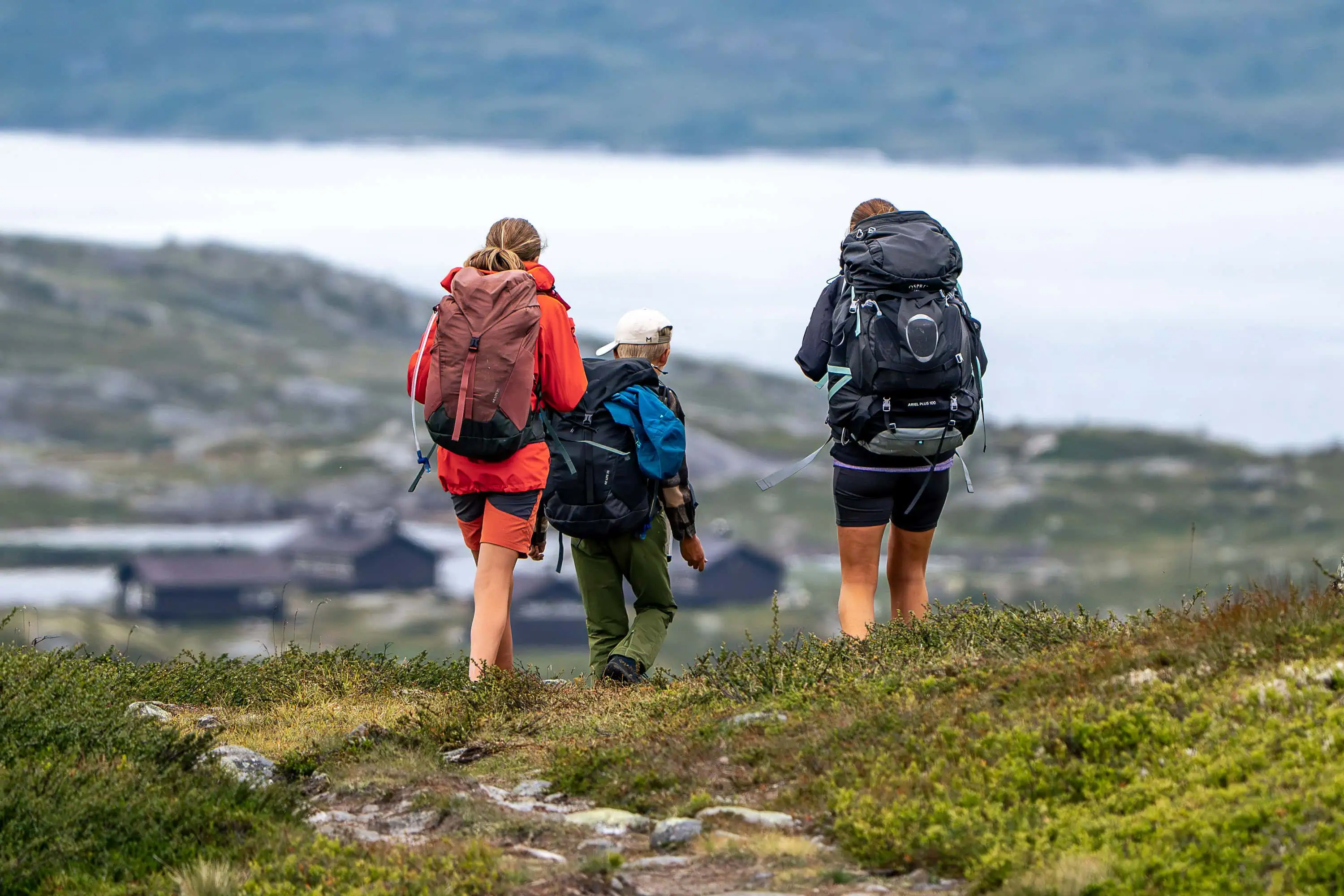 Wanderer mit Kindern in Tundra Landschaft