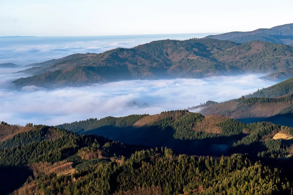 Aussicht von oben auf Nebel zwischen Bergen im Hintergrund